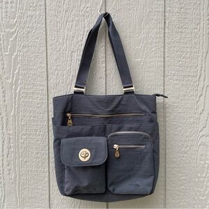 Baggallini Tulum  tote  bag Grey /Gold Logo Beach Travel Lined‎ waster resistant